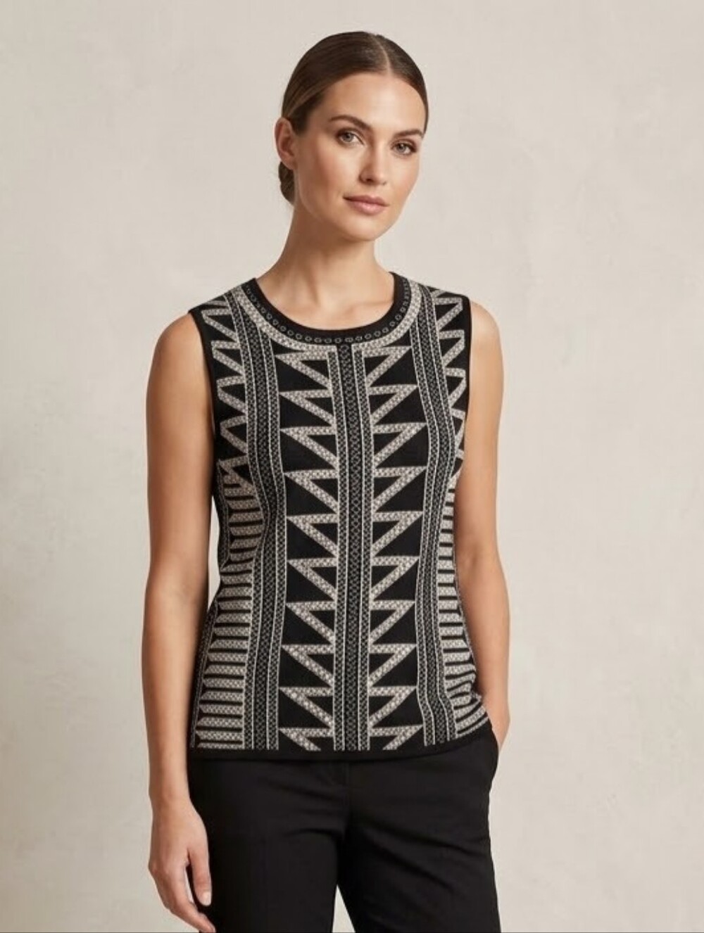 Preston & York Women's Black Gold Metallic Geometric Knit Tank Top Large